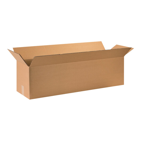 A brown Lavex cardboard shipping box with a lid open.