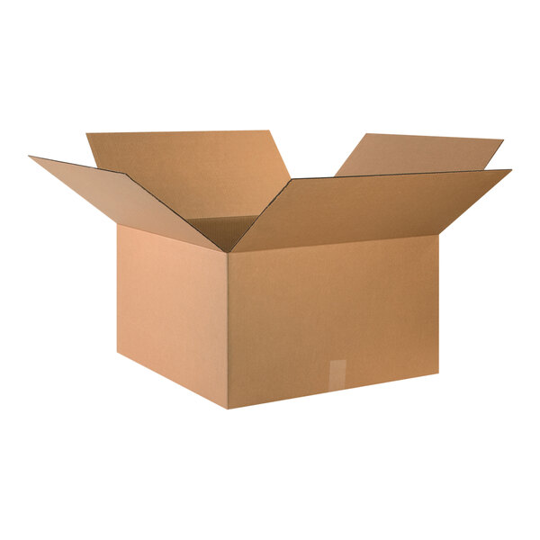A Lavex kraft cardboard shipping box with a lid open.