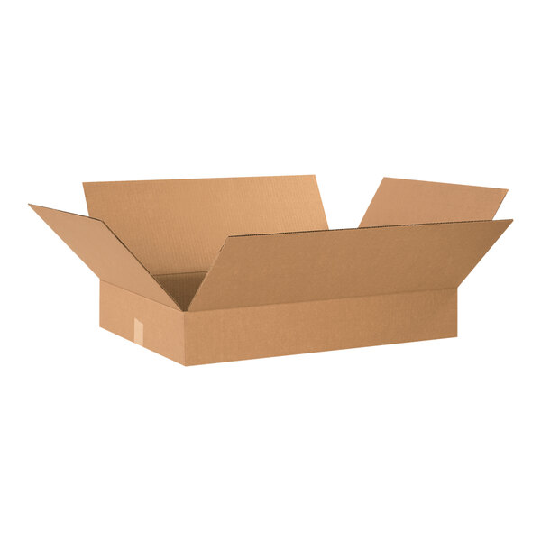 A close-up of a Lavex kraft corrugated cardboard box with the lid open.