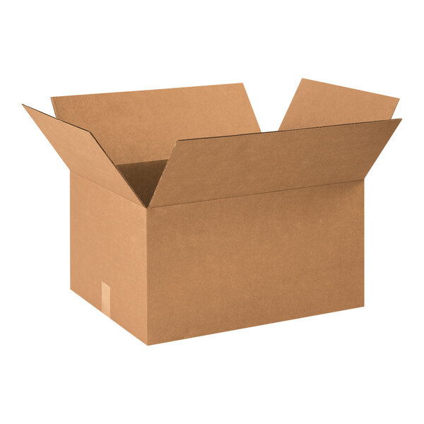 A brown Lavex cardboard shipping box with an open lid.