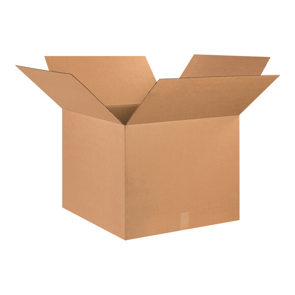 A Lavex kraft cardboard shipping box with open lid.