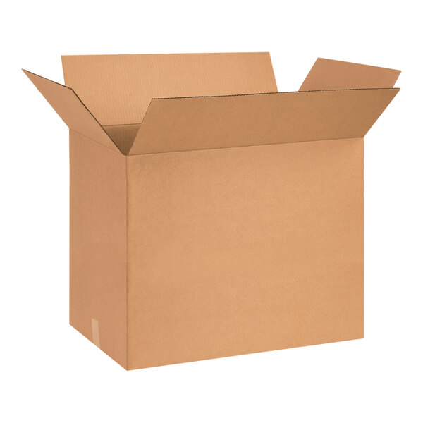 A Lavex cardboard shipping box with an open lid.