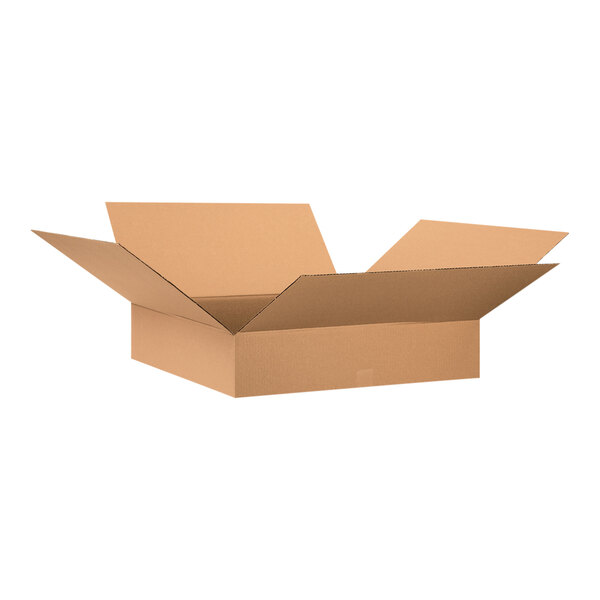 A close-up of a Lavex cardboard shipping box with an open lid.