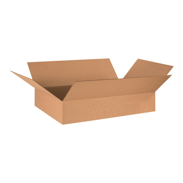 A brown cardboard Lavex shipping box with an open lid.