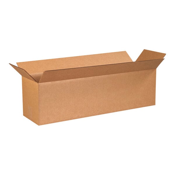 A brown Lavex cardboard shipping box with a lid open.