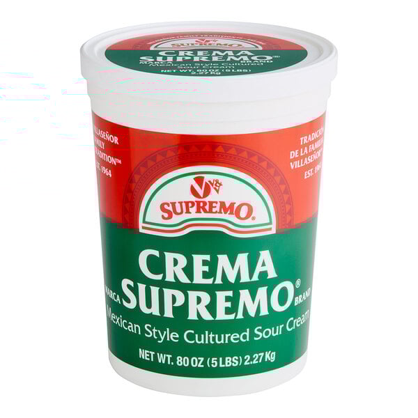 A container of V&V Supremo Mexican-Style Cultured Sour Cream on a white background.