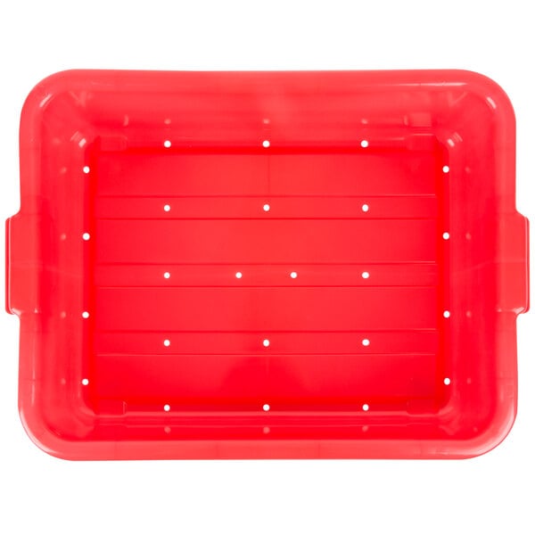 A red plastic container with holes.