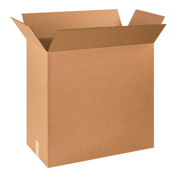 A Lavex kraft cardboard shipping box with an open lid.