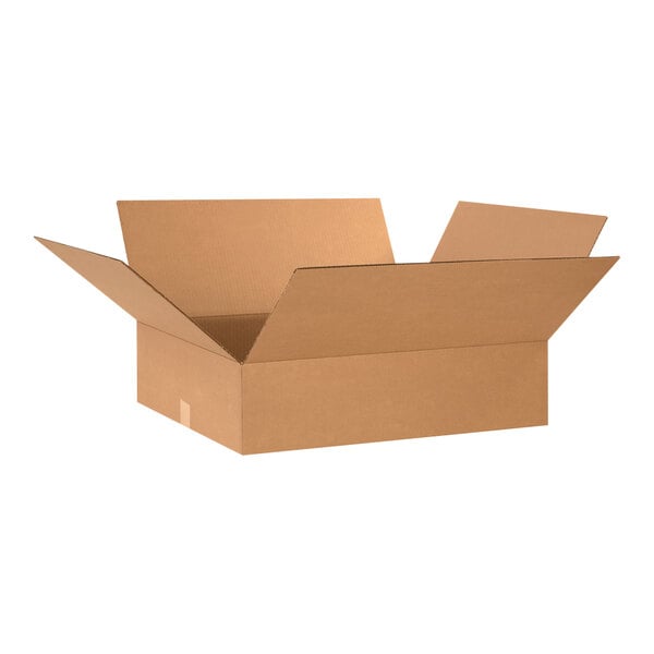 A close-up of a Lavex Kraft cardboard shipping box with one open side.