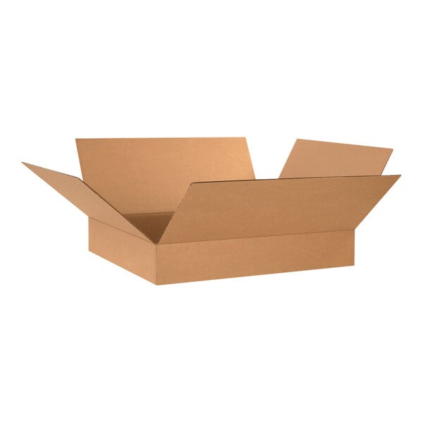 A close-up of a Lavex Kraft cardboard shipping box with an open lid.