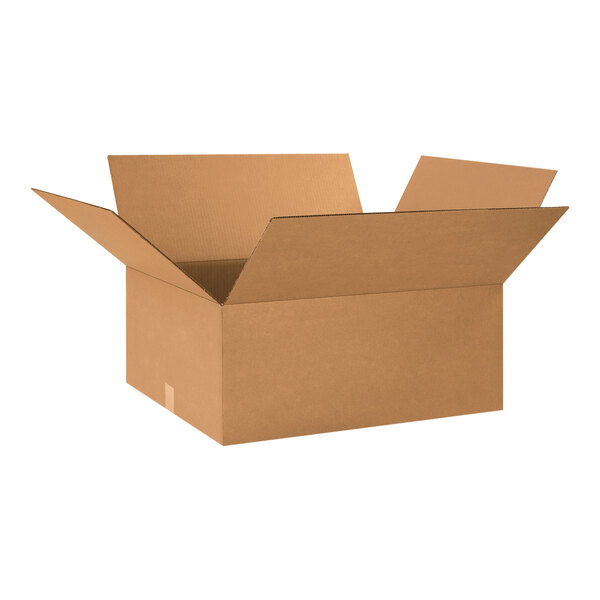 A Lavex kraft corrugated cardboard shipping box with an open lid.