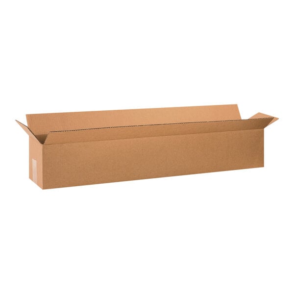 A brown Lavex cardboard shipping box with a lid open.