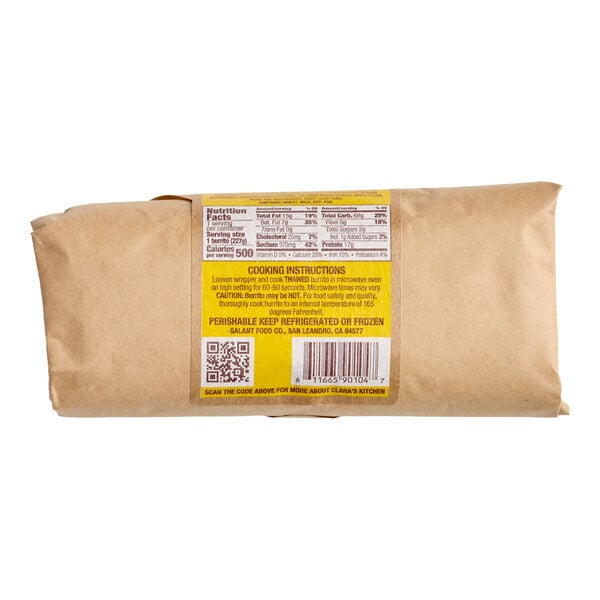 A wrapped Clara's Kitchen bean and cheese burrito with a nutrition label and cooking instructions on the packaging.