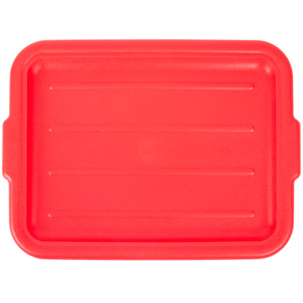 A red plastic Vollrath Traex food storage box lid with a recessed circle in the middle.