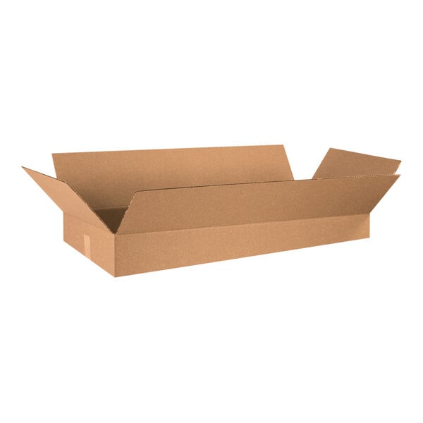 A brown cardboard Lavex shipping box with a lid open.