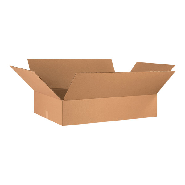 A brown Lavex cardboard shipping box with an open lid.