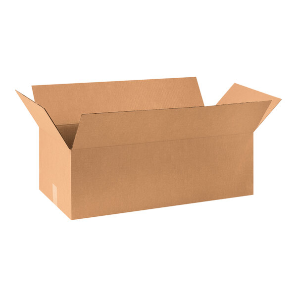 A brown Lavex cardboard shipping box with an open lid.