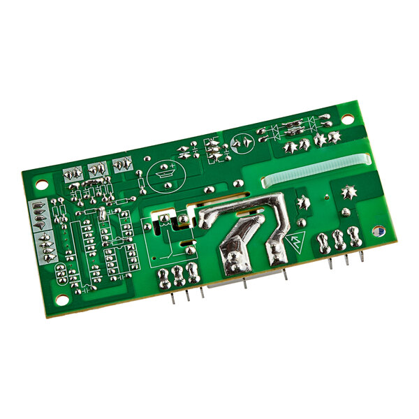 An Avantco green circuit board with silver metal components.