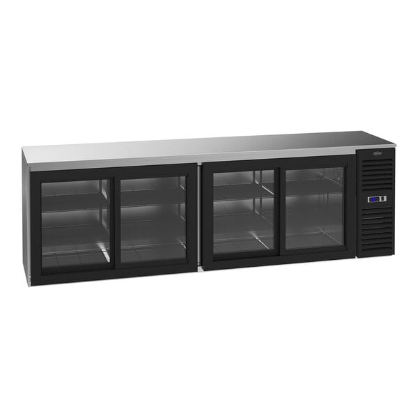 A black Krowne back bar refrigerator with glass doors and a stainless steel top.