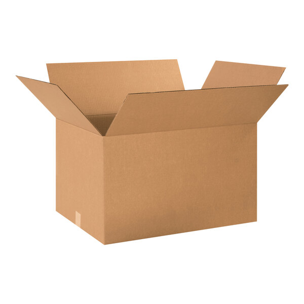 A close-up of a brown Lavex corrugated cardboard shipping box with an open lid.