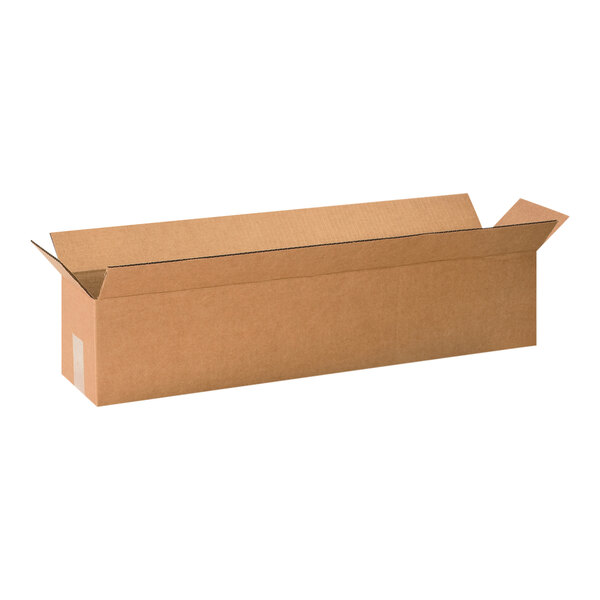 A brown Lavex shipping box with a lid open.