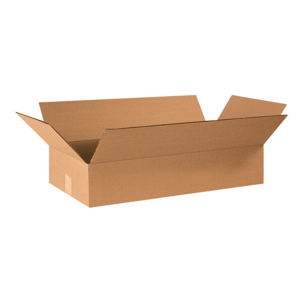 A brown cardboard Lavex shipping box with a lid open.