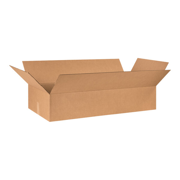 A brown Lavex cardboard shipping box with a lid open.