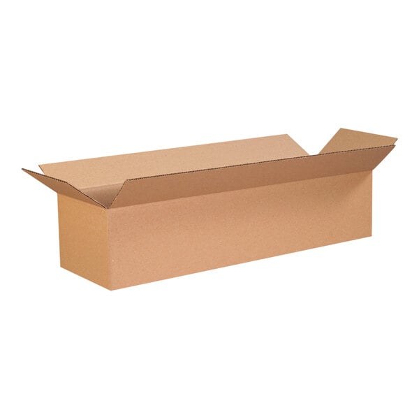 A brown cardboard Lavex shipping box with a lid open.