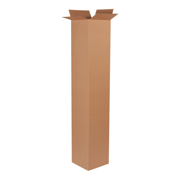 A tall brown Lavex corrugated cardboard shipping box with the top open.