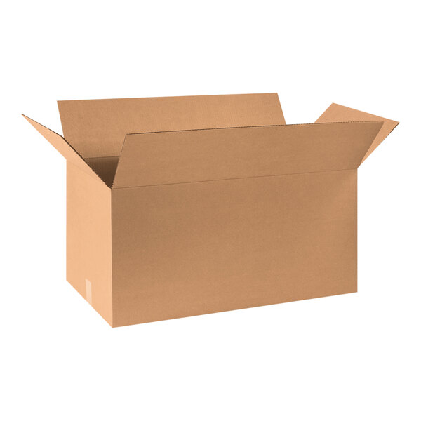 A brown Lavex cardboard shipping box with an open lid.