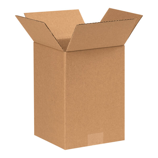 A close-up of a Lavex Kraft cardboard box with a lid open.