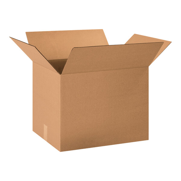 A brown Lavex cardboard shipping box with a lid open.