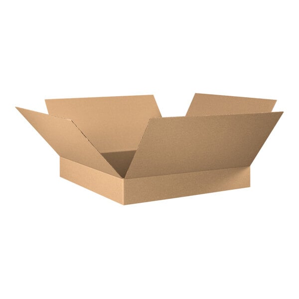 A brown Lavex cardboard shipping box with an open lid.