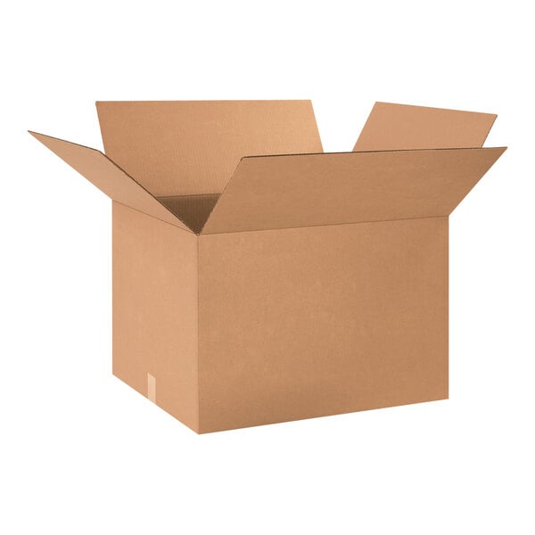 A brown Lavex cardboard shipping box with an open lid.