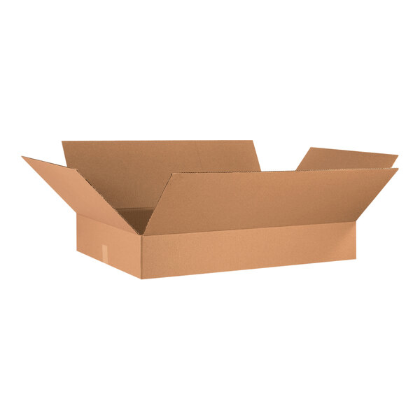 A brown Lavex cardboard shipping box with an open lid.