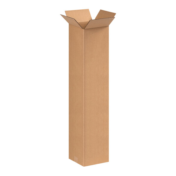 A tall brown cardboard shipping box with an open lid.