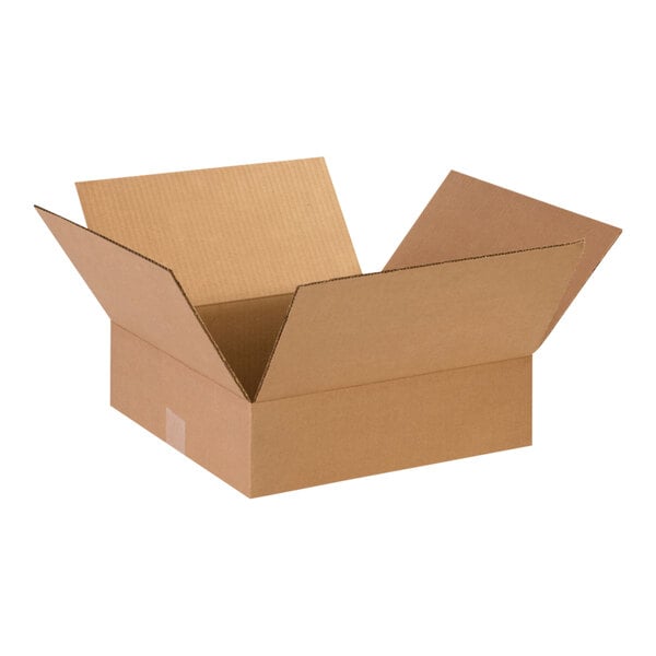 A Lavex kraft corrugated cardboard shipping box with an open lid.