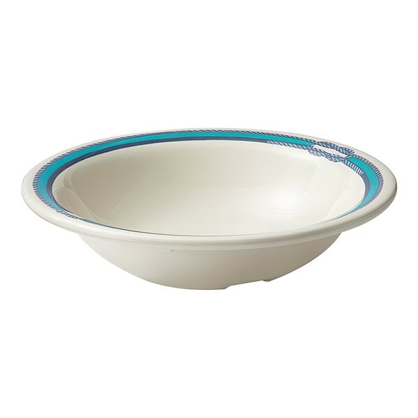 A white bowl with blue rim.