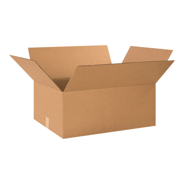 A brown Lavex cardboard shipping box with one open side.