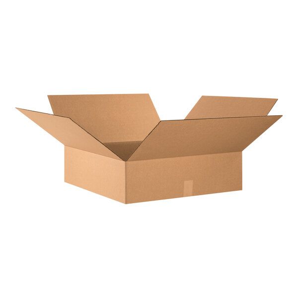 A close-up of a Lavex kraft corrugated cardboard shipping box with the lid open.