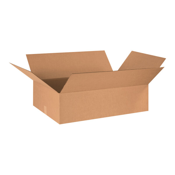 A brown Lavex cardboard shipping box with an open lid.