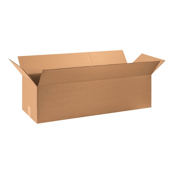 A close-up of a brown Lavex cardboard shipping box with the lid open.