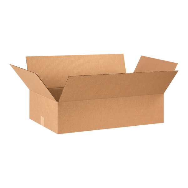 A brown cardboard Lavex shipping box with an open lid.