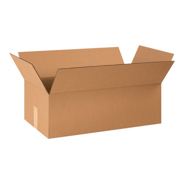 A brown Lavex corrugated shipping box with an open lid.