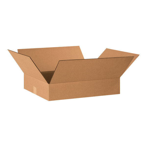 A brown cardboard Lavex shipping box with a lid open.