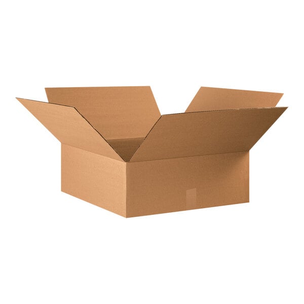 A close-up of a Lavex Kraft corrugated cardboard shipping box with an open lid.
