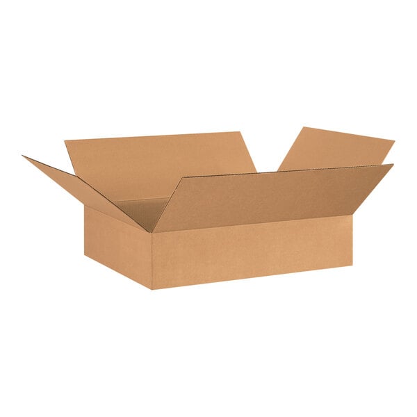 A brown Lavex cardboard shipping box with an open lid.