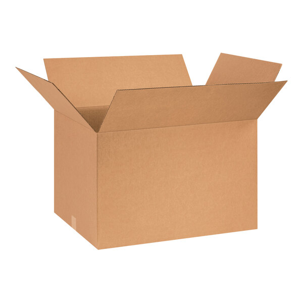 A brown Lavex cardboard shipping box with a lid open.