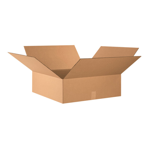 A close-up of a Lavex Kraft cardboard box with the lid open.