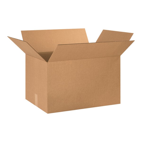 A brown Lavex cardboard shipping box with an open lid.